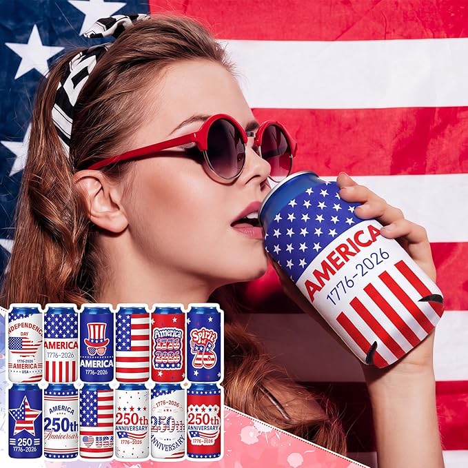 Yungyan 12 Pcs 4th of July American Can Cooler Patriotic Sleeves 250th Anniversary for 1776-2026 Independence Day Red Blue USA Flag Accessories Memorial Day for Party Favors Decoration(Fashion Style)