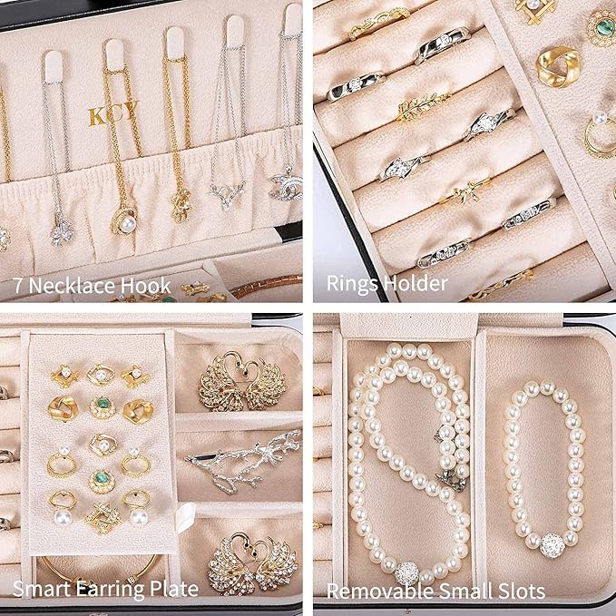 KCY Travel Jewelry Organizer Box for Women Girls, Small Travel Jewelry Case, PU Leather Portable Jewellery Storage Boxes Display Holder for Ring Earrings Necklace Bracelet Bangle, Gifts, Black