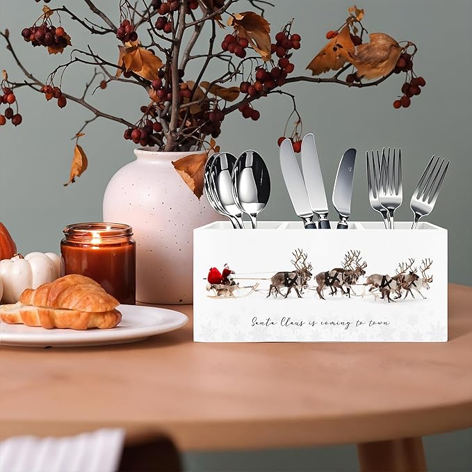 Winter Christmas Pen Pencil Holder for Desk, Christmas Office Decor, Rustic Farmhouse Xmas Santa Claus and Reindeer Wooden Box Block Sign for Home Office Desk Tabletop Decoration