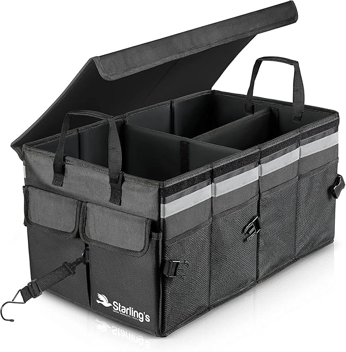 Starling's Car Trunk Organizer Super Strong, Foldable Storage Cargo Box for SUV, Auto, Truck Nonslip Waterproof Bottom, Fits any Vehicle, Comes with Adjustable Tie-Down Straps with Lid (Black, 2