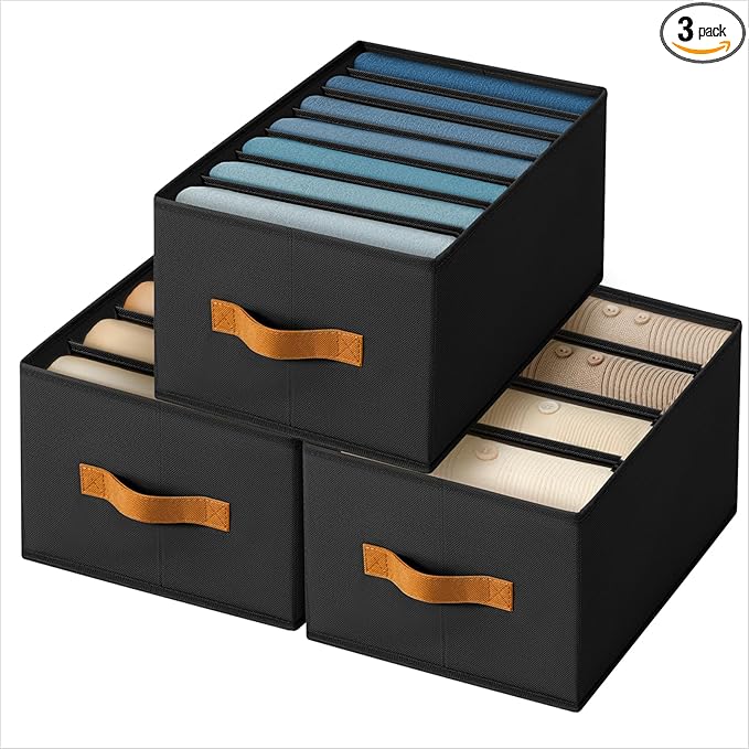 Clothes Organizers and Storage - 4/5/7 Grids Fabric Jeans Organizer with Handles, Foldable Closet Organizers Dividers, Wardrobe organizer for Pant, Sweater, T-shirt, Scarf, 3 Pack, Black