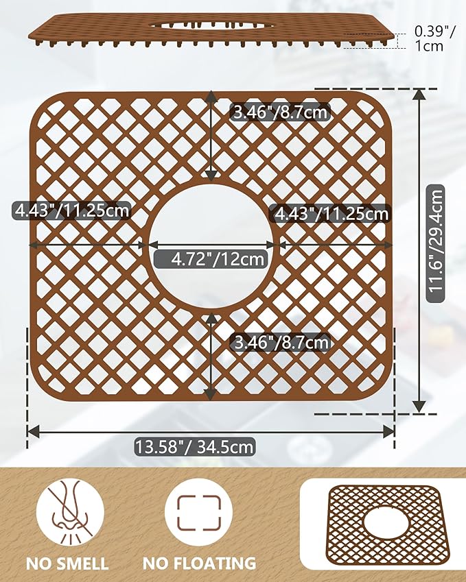 2 Pack Silicone Sink Protector for Kitchen Sink, Lozenge Pattern 13 x 11 inches Sink Grid Mat Silicone Protectors, Center Drain (Coffee)