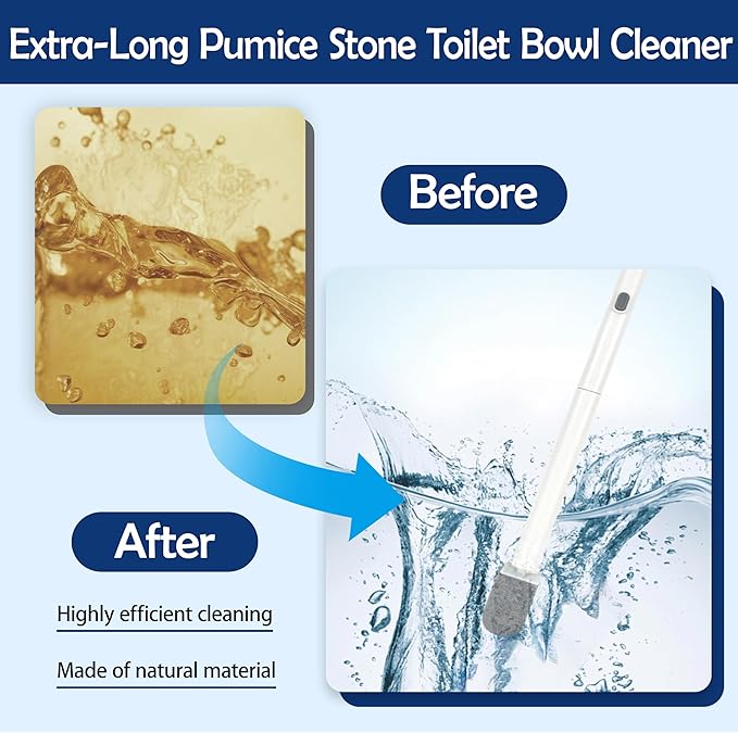 Pumice Stone Toilet Bowl Cleaner with 20" Ultra Long Handle,Push-Button Replaceable Head Hard Water Ring Stain Remover for Bathroom,Bathtub,Pool,Kitchen Sink Cleaning, 3 Pack (gray+white+blue)