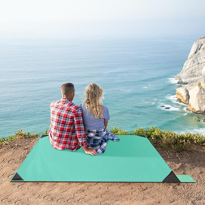 Odoland Beach Blanket Picnic Blanket, 43" x 63" SandProof Waterproof Outdoor Pocket Blanket with Portable Bag, Foldable Lightweight Sand Free Quick Drying Mat for Hiking Camping Travel, Light Green