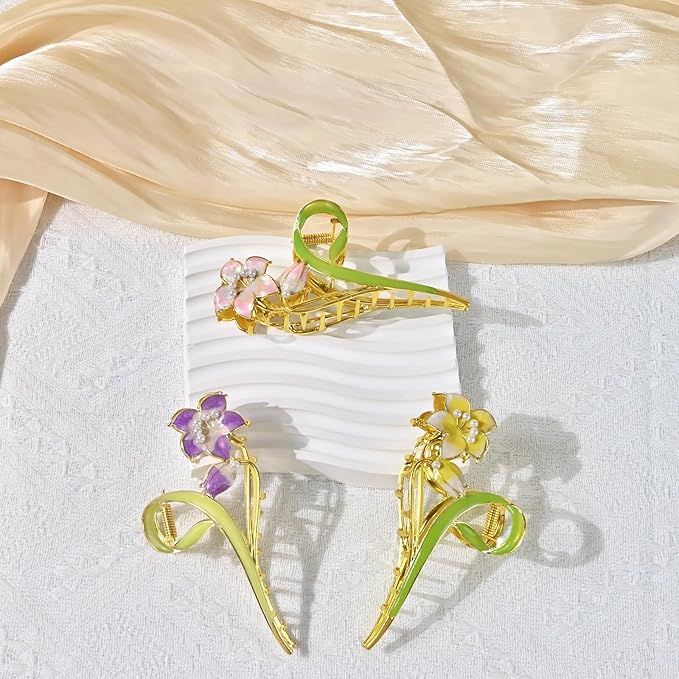 3-Piece Floral Metal Hair Clips, Lily Flower Hair Claw for Thin/Medium Thick Hair Claws, Elegant Barrettes Strong Hold Hair Clamps Non Slip Cute Hair Catch Clip Accessories (3-Color Lily)