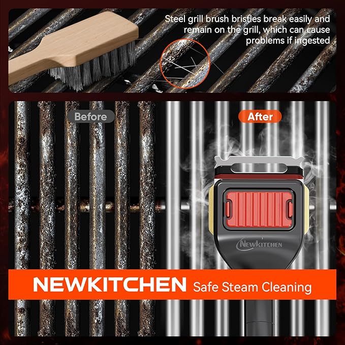 NEWKITCHEN Bristle Free Grill Brush for Outdoor Grill, Steam Clean BBQ Grill Brush with Scraper, Long Handle Replaceable Head Grill Cleaner Brush for Gas Charcoal Griddle & Smoker