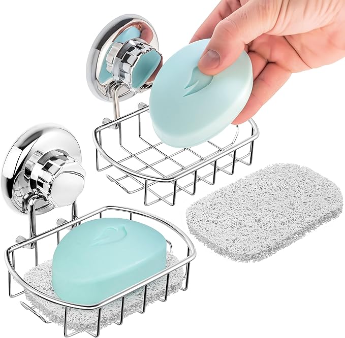 HASKO 2-Pack Suction Cup Soap Holder – Bar Soap Dish for Shower with Hooks for Bathroom – Optional Mounting with Adhesive Tape – Includes 2 Soap Savers – Polished Stainless Steel SS304