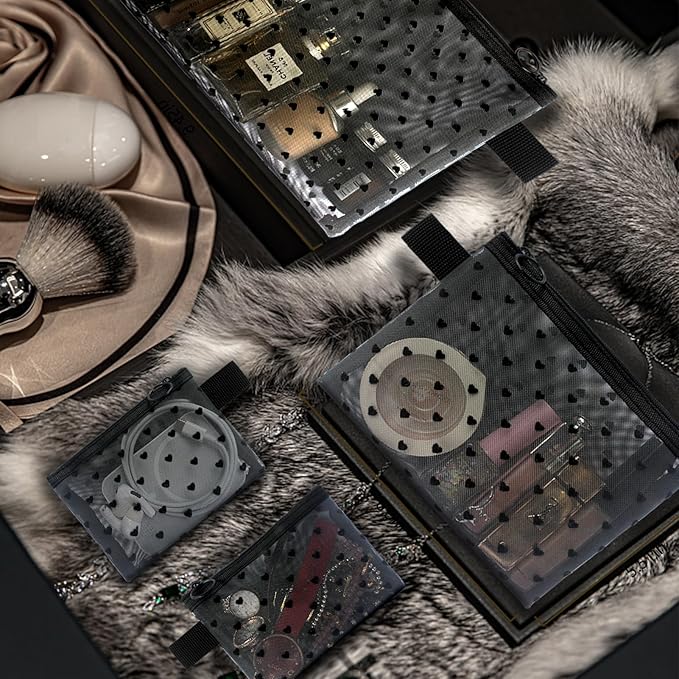 4-Piece Heart Printed Mesh Makeup Bag Set, Portable Travel Mesh Cosmetic Bags Toiletry Bags Makeup Purse Bags Mesh Zipper Storage Pouches for Home Offices Travel Accessories (Black)