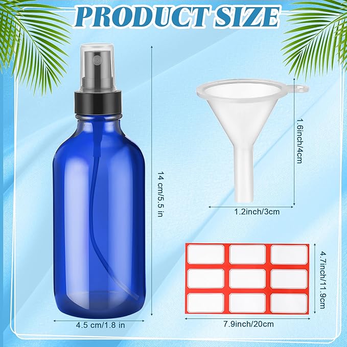 Fumete 2 Pack Glass Bottles 4oz Empty Refillable Liquid Containers with 1 Label 1 Funnel for Essential Oils Hair Travel Plants Cleaning Skin Care(Blue, Black Top,Mist Bottle)