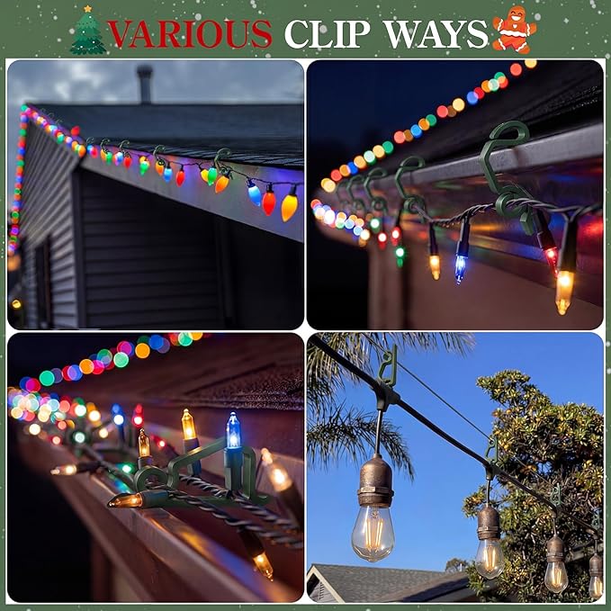 MEILIDY Christmas Light Clips, Weatherproof Plastic Gutter Clips for Hanging Outdoor Holiday Seasonal String Lights, Green, 100 Pcs