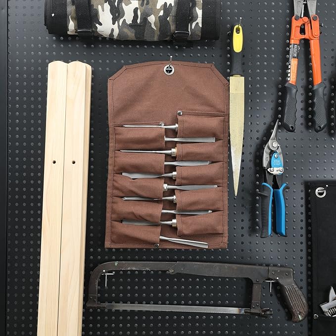 Tool Roll Up Bag with 10 Staggered Tool Pockets, Portable Carry Small Wrench Roll Up Pouch (Brown)