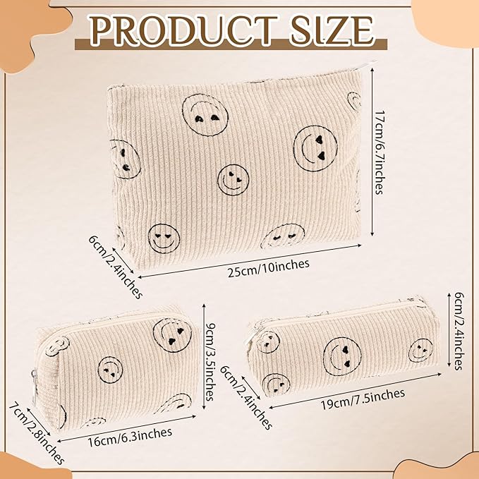 3 Pcs Makeup Bag Set for Women Corduroy Cosmetic Pouch Aesthetic Smile Travel Toiletry Bag Cute Purse Pouch Pencil Case Makeup Brushes Storage Organizer for Christmas(Beige,Smile Face)