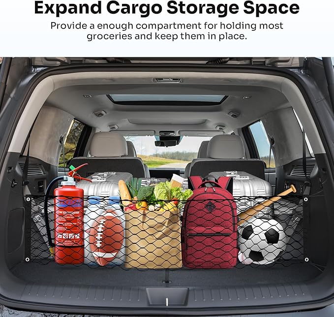 Cargo Net for 2024 2025 2026 Hyundai Santa Fe Trunk Net Envelope Style Mesh Trunk Net Organizer for Santa Fe Accessories Double Layer Elastic Nylon Rear Cargo Netting with Hooks