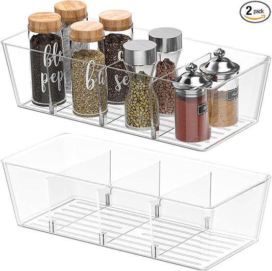 BALEINE Clear Plastic Storage Bins with 3 Removable Dividers, Pantry Organization, BPA Free Stackable Refrigerator Organizers and Storage for Kitchen Fridge Cabinet Bathroom (10.5x6.1x3.5, 2PK)