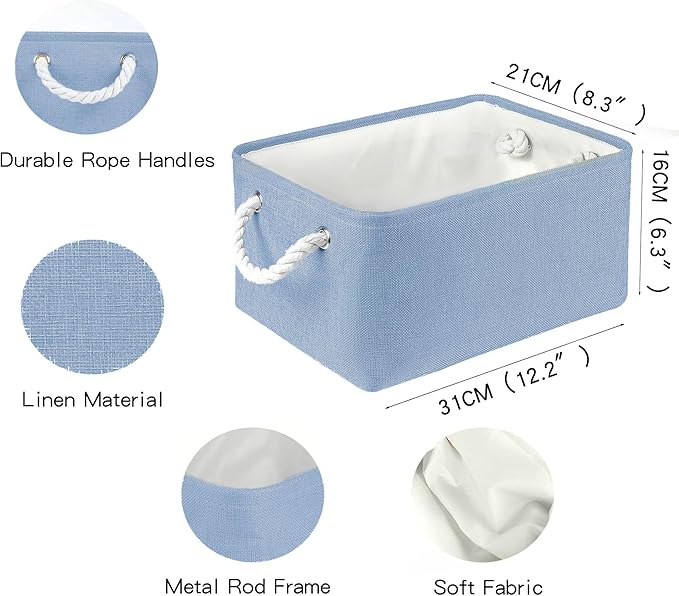 Storage Bins with Sturdy Cotton Handles(3 Pack), Fabric Storage Baskets for Organizing use for Office & Home, Book, Clothes, Toys, Closet Boxes (Small, Blue, 12.2x8.3x6.3 inches)