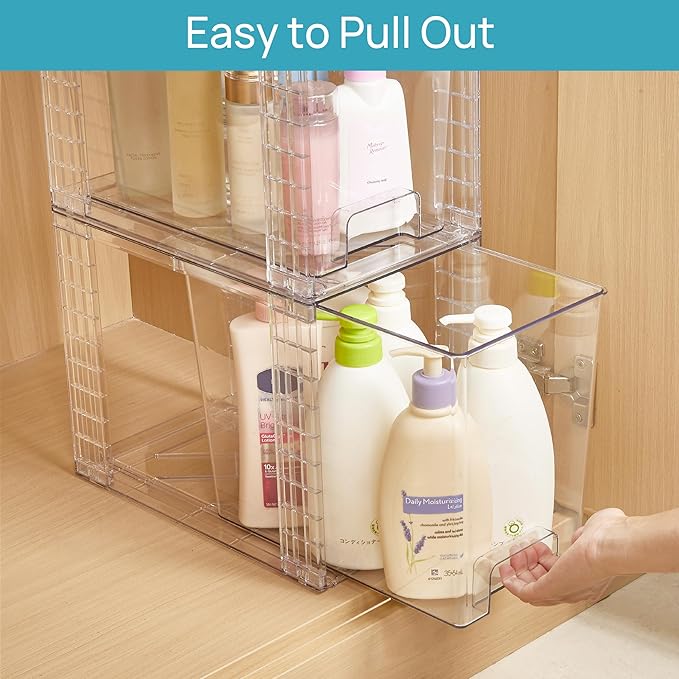 Vtopmart 4 Pack Clear Stackable Storage Drawers, 9.7" High Plastic Organizers Bins for Skincare, Bathroom Supplies, Ideal for Cabinet, Undersink, Vanity, Kitchen, Pantry Organization
