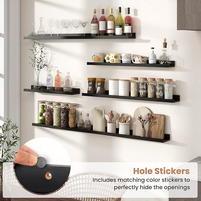 Fun Memories Picture Ledge Shelves Set of 2, 36 Inch Rustic Wall Mounted Floating Shelves with Lip for Home Storage and Decor in Bathroom, Kitchen, Nursery, Bedroom, Living Room, Black