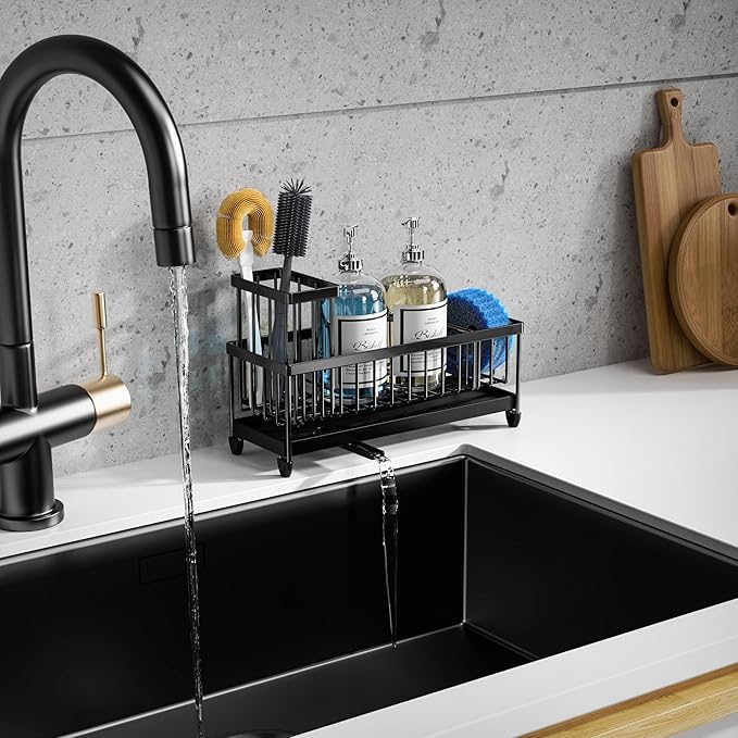 Moforoco Extra Large Sponge Holder for Kitchen Sink Organizer Caddy, Dish Brush Scrubber Holder, Stainless Steel Sink Box Utensil Holder, Soap Dispenser Set Tray Counter Accessories & Storage Rack