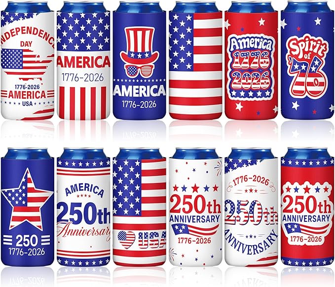 Yungyan 12 Pcs 4th of July American Can Cooler Patriotic Sleeves 250th Anniversary for 1776-2026 Independence Day Red Blue USA Flag Accessories Memorial Day for Party Favors Decoration(Fashion Style)
