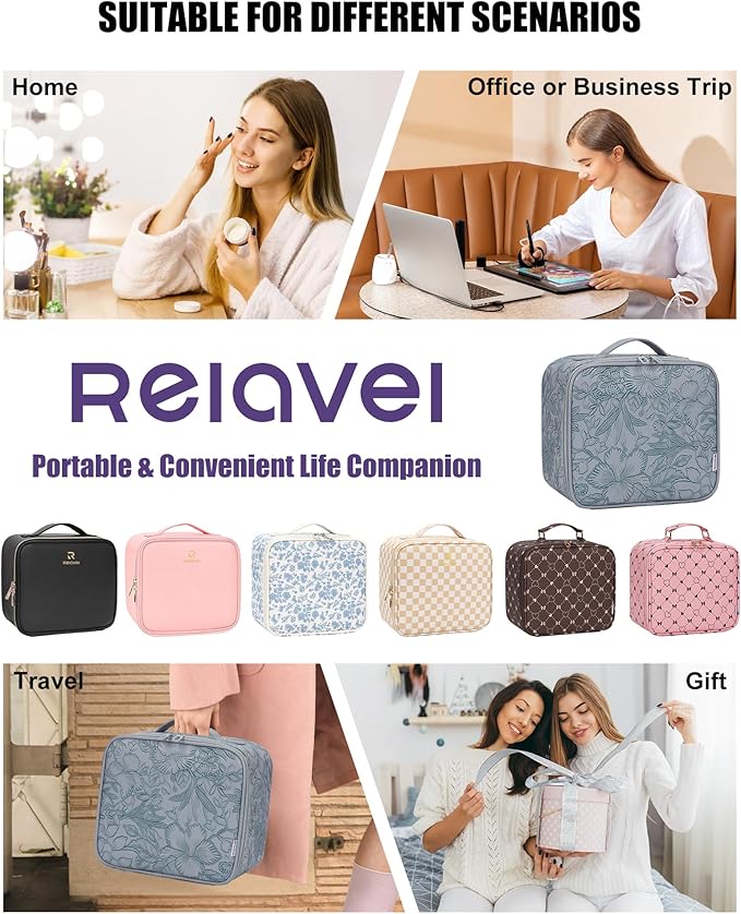 Relavel Travel Makeup Bag With LED Mirror for Women, Cosmetic Organizer Bag with Adjustable Brightness in 3 Color Scenarios, Detachable Dividers, Waterproof Train Case for Daily - Dark Blue Flower