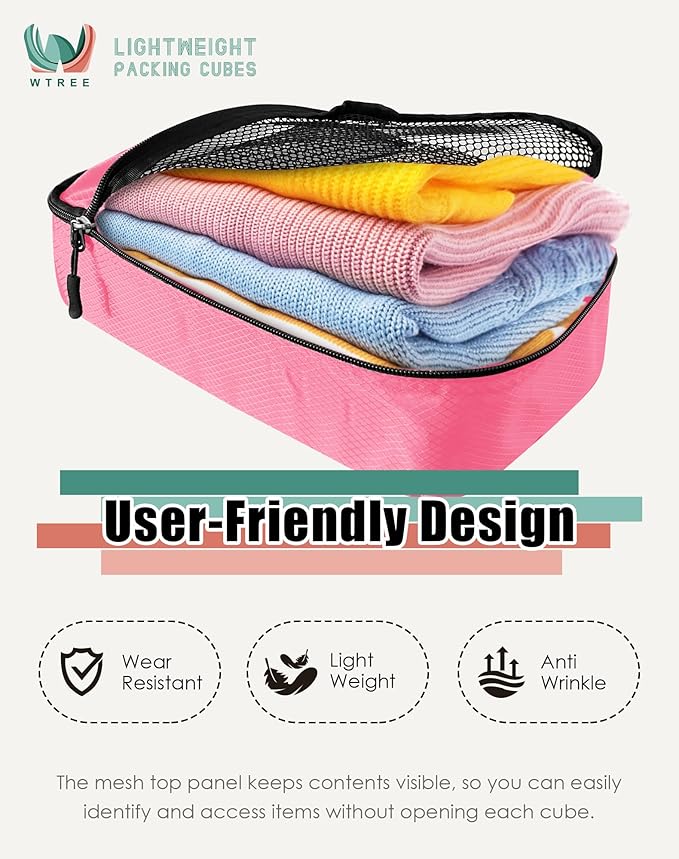 4-Piece Packing Cubes Travel Accessories Set for Suitcases - Luggage Organizer Bags with Double Zipper - Mesh Top - Large - Pink