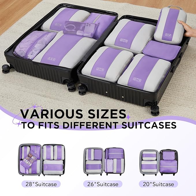 10 Set Compression Packing Cubes for Travel Essentials, Compressible Expandable Packing Cubes for Suitcase, OlarHike Luggage Organizer Bags for Travel, Handy Helper for Organizing Clothes (Light Purple)