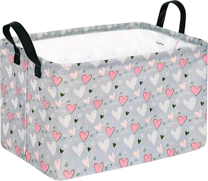 Rec Heart Print Box Hamper Storage Basket Collapsible Organizer Bin Gift Shelf Baskets for Home and Kitchen Storage