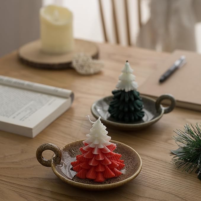 1pack Vintage Ceramic Candle Holders with Handle, Round Farmhouse Ceramic Plate Tray,Sage Holder for Burning,Incense Holder for Meditation Room Home Decor (Khaki)