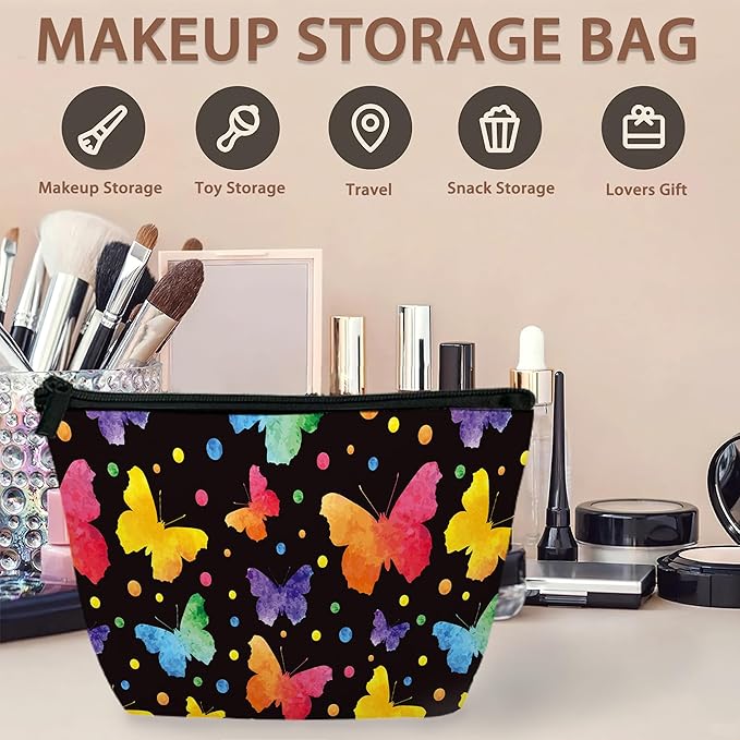 Colorful Butterflies Cosmetic Bag Dots Watercolor Makeup Bags,Travel Make up Bags for Women Girls Cute Zipper Pouch Toiletry Organizer Bag Travel Essentials