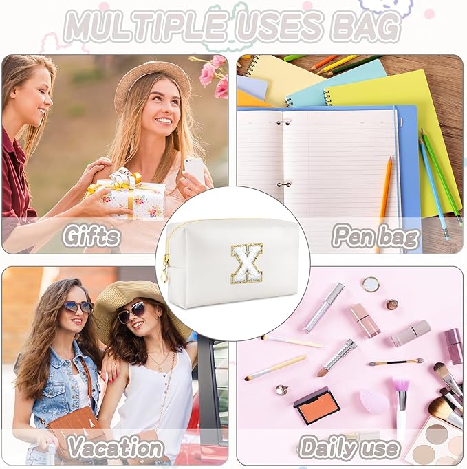 Gifts for Girls Initial Makeup Bag Personalized Cosmetic Bag with Zipper Cute Travel Toiletry Bags Waterproof PU Preppy Makeup Pouch Birthday Gift for Teen Girls Women(White X)