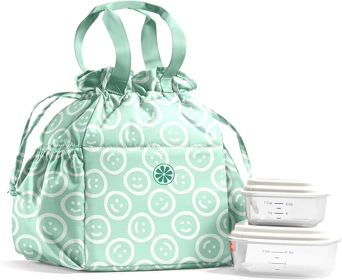 Fit & Fresh Cromwell Drawstring Lunch Bag for Women, Complete Lunch Set with 2 Containers, Stain-Resistant, Leak-Resistant, Back to School Essential, Teacher Lunchbox, All Smiles Mint
