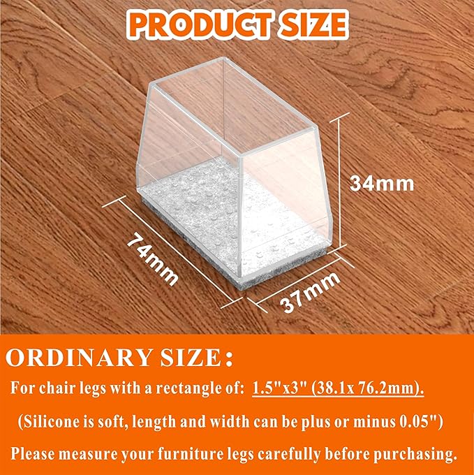 Rectangle Chair Leg Protectors for Hardwood Floors, 16 PCS Silicone Covers to Protect Wood Tile Floors, Felt Pads, Furniture Leg Caps Reduce Noise, Easy to Move (Clear, 1.5 x 3 Inch, Rectangular)