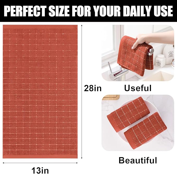 Homaxy 100% Cotton Terry Kitchen Towels(Rust, 13 x 28 inches), Checkered Designed, Soft and Super Absorbent Dish Towels, 4 Pack