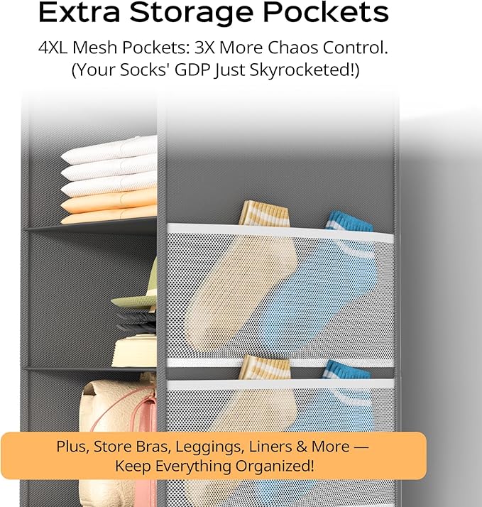 Deep Hanging Closet Organizers and Storage, Closet Hanging Storage Shelves with 5 Shelves and 4 Mesh Pockets, Heavy-Duty Closet Organizer for Clothes, Hats, and RVs and Dorm Essential,1-Pack, Grey