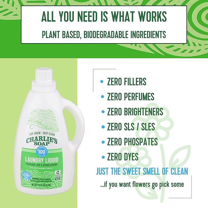 Charlie’s Soap Laundry Liquid (100 Loads, 1 Pack) 75.0 Fl Oz Natural Deep Cleaning Hypoallergenic Laundry Detergent – Eco-Friendly, Safe and Effective