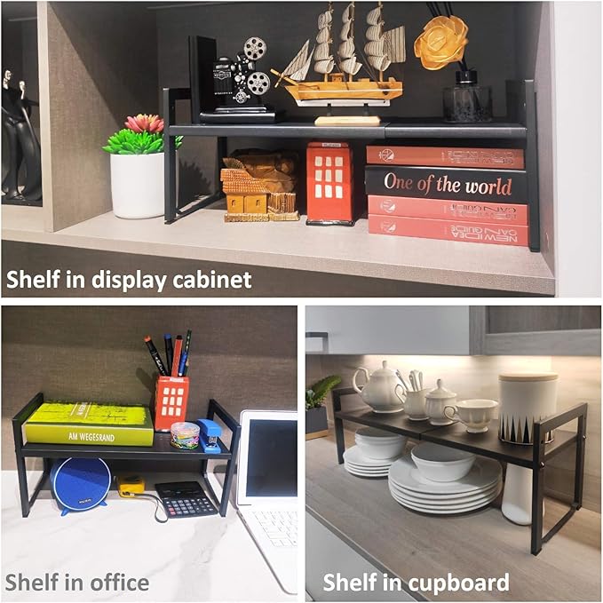 2 Pack Expandable Cabinet Shelf Organizer 16-26" L Stackable Kitchen Counter Shelves Rack Stand Sink Riser Countertop Storage Black (Normal 7.9”D)