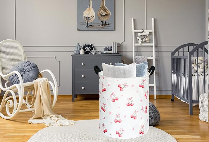 Cherry Print Round Laundry Hamper Storage Basket Bins Clothes Nursery Hamper for Home, Gift Storage Bins with Handles