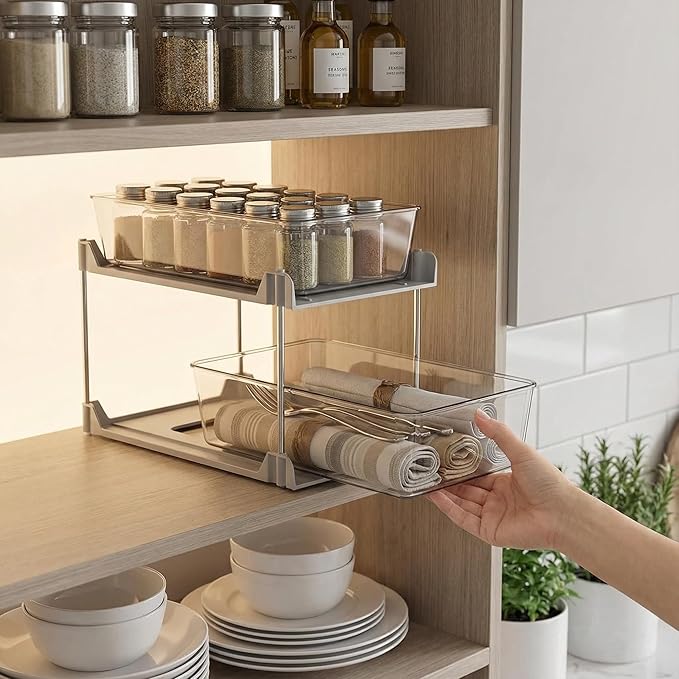 2 Pack Bathroom Organizers and Storage,2-Tier Clear Under Sink and Pull-Out Cabinet Organizer with Track for Kitchen, Pantry,Vanity Countertop,Medicine Cabinet,Closet Drawer Bins (White)