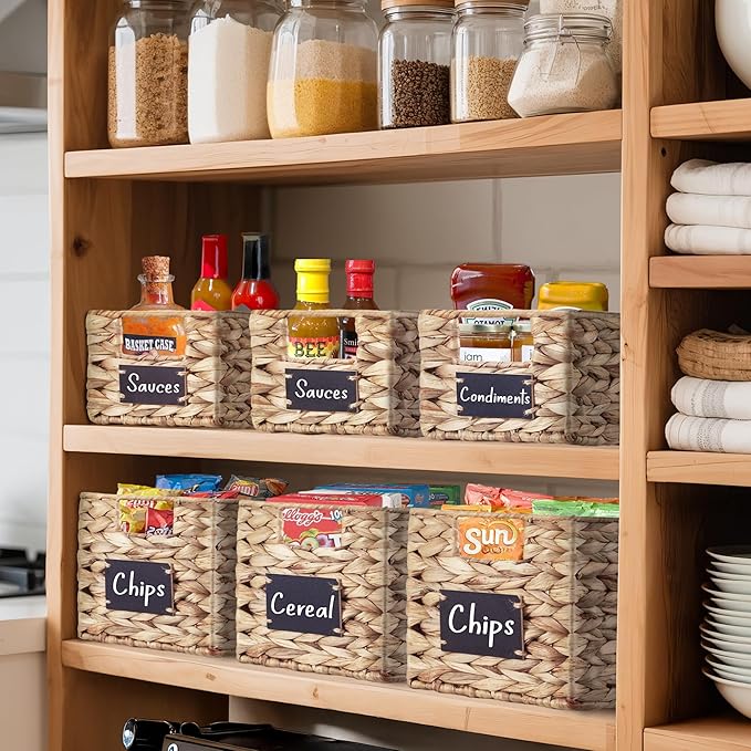 DECOMOMO Wicker Storage Baskets, Handwoven Pantry Baskets, Water Hyacinth Storage Baskets w/Chalkboard and Marker (Natural, Set of 2)