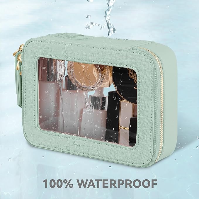 Prite Clear Makeup Bag Cosmetic Organizer Case Waterproof Travel Toiletry Bag Skincare Pouch with Golden Zipper (Green)