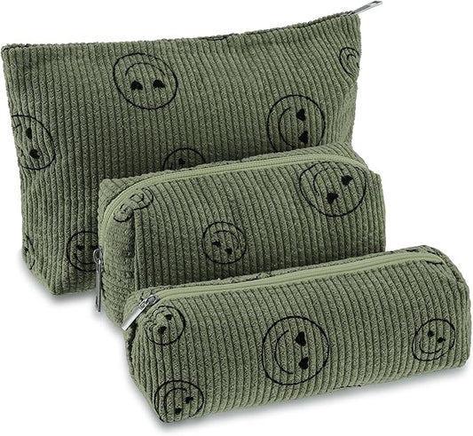 3 Pcs Makeup Bag Set for Women Corduroy Cosmetic Pouch Aesthetic Smile Travel Toiletry Bag Cute Purse Pouch Pencil Case Makeup Brushes Storage Organizer for Christmas(Army Green,Smile Face)