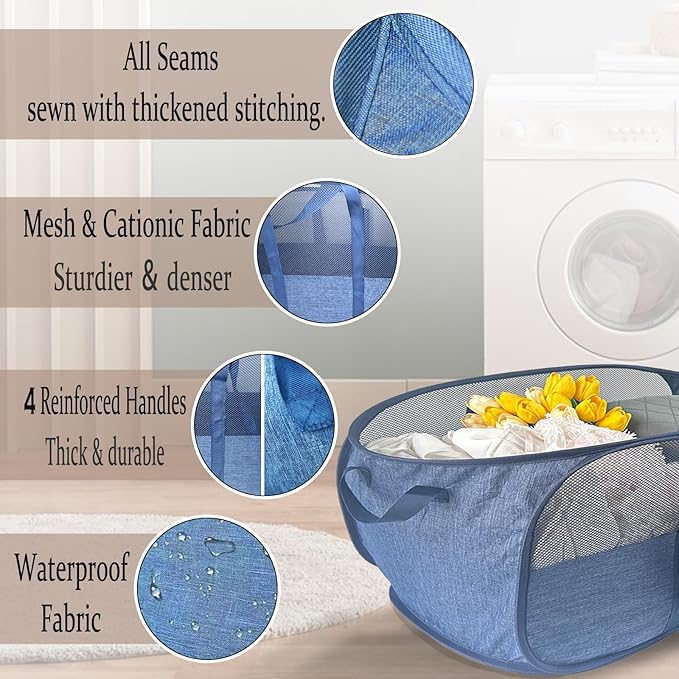 100L Collapsible Laundry Baskets 2 Pack, Extra Large Mesh Pop Up Laundry Hamper, Dirty Clothes Hamper with Reinforced Handles, Folding Hampers for Travel. Dorm or Home Portable Laundry Baskets. Blue