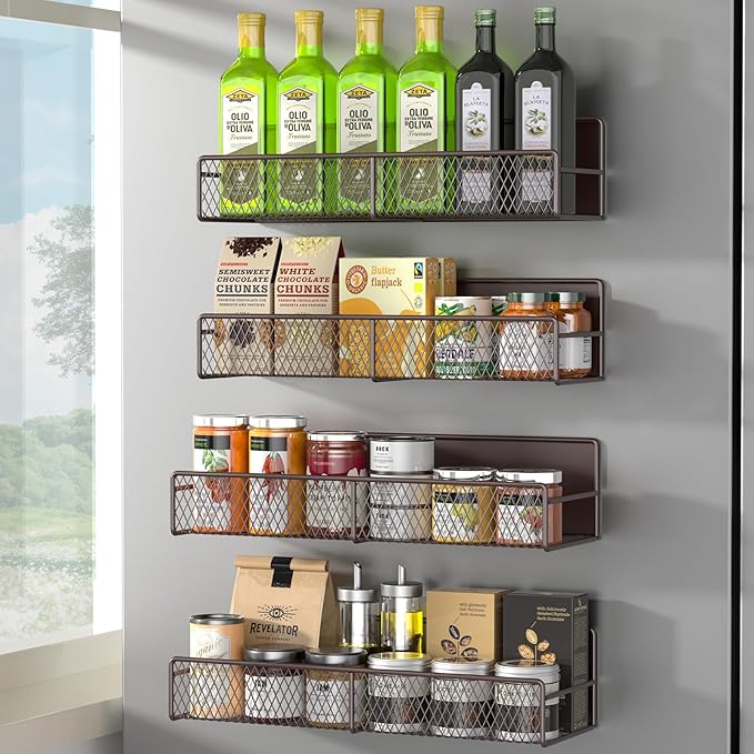 Magnetic Spice Rack for Refrigerator, 4 Pack 100% Metal Strong Magnet Fridge Shelves, Space Saving Spice Organizer, No Drilling Moveable Home Kitchen Laundry Room Storage Organization, Brown