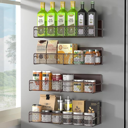 Magnetic Spice Rack for Refrigerator, 4 Pack 100% Metal Strong Magnet Fridge Shelves, Space Saving Spice Organizer, No Drilling Moveable Home Kitchen Laundry Room Storage Organization, Brown