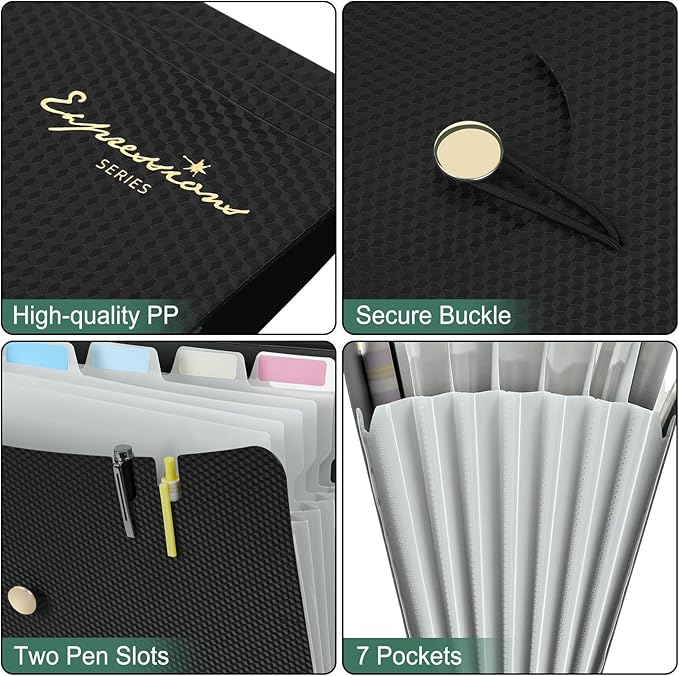 Sooez 7 Pocket Expanding File Folder, Premium Accordion File Organizer with Bungee Closure, Letter Size Folders for Documents, Portable Filing Folders for School Office Supplies, Black