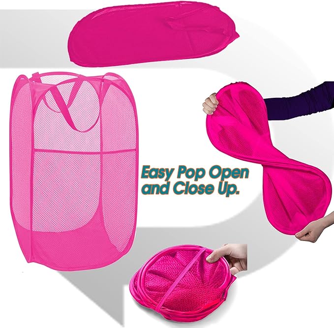 2 Pack Sturdy Mesh Pop up Laundry Hamper Basket with Side Pocket for Laundry Room, Bathroom, Kids Room, College Dorm or Travel Blush