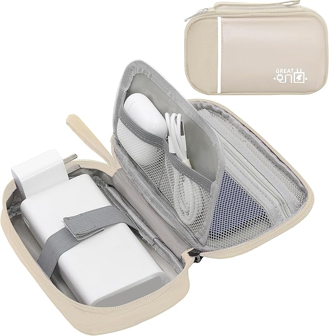 Electronics Organizer, Travel Cord Organizer Pouch, Portable Cable Organizer Bags, Waterproof Electronic Accessories Storage Case for Cables, Cords, Charger, Phone (Single Layer-Small-Beige)