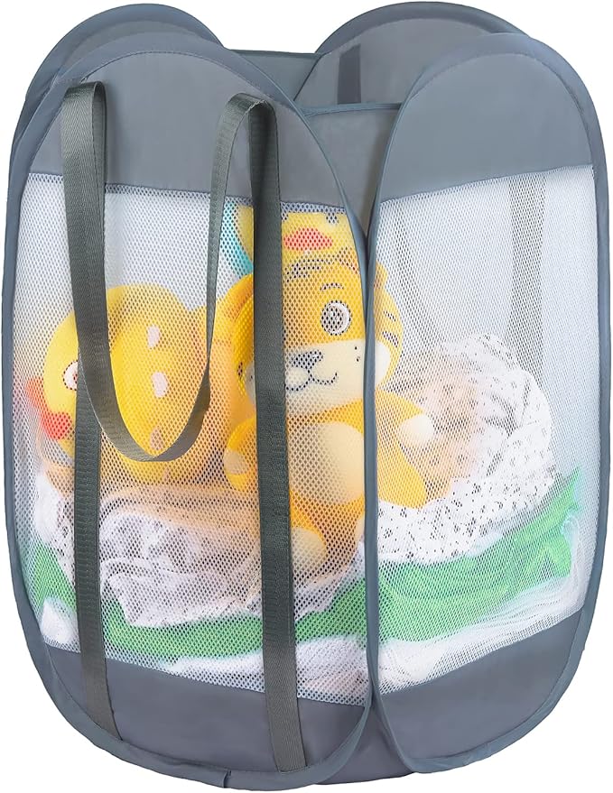 with strong handles Laundry Hamper,Tear Proof Pop Up Laundry Hampers, foldable mesh Laundry basket. Used for travel, laundry room，university dormitory or toy storage, etc.(Vertical (Grey))…………