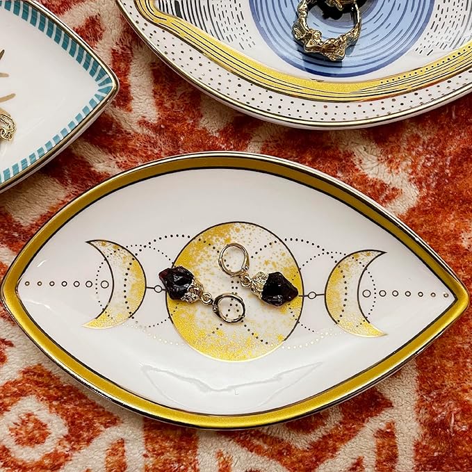 Exquisite Small Ceramic Jewelry Tray - Trinket Dish Evil Eye Decor, Gold Plate Ring Holder, Modern Boho Home Essentials, Perfume Organizer, Witchy, Aesthetic Room Decor (Moon)