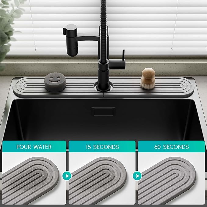 Stone Faucet Mat for Kitchen Sink – Diatomite Fast-Drying Stone Tray, Faucet Mat Sink Splash Guard, Decorative Sink Protector for Kitchen Bathroom Counter [Gray, 23.6''x3.9'']